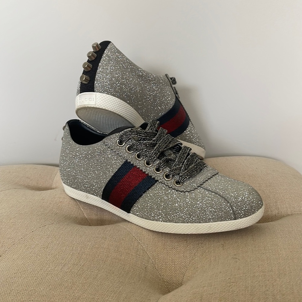 GUCCI sparkle metallic studded sneakers size 36.5